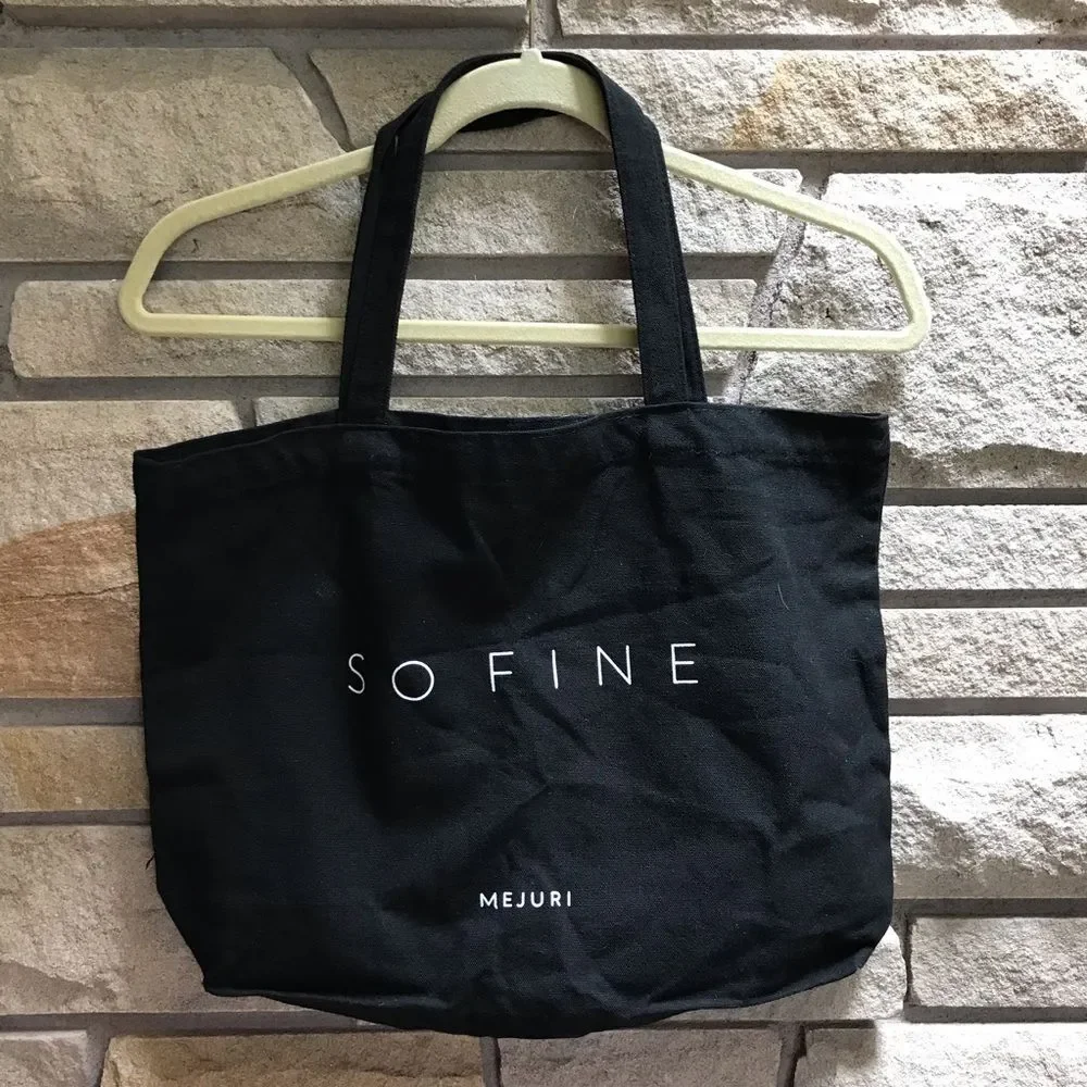 Mejuri So Fine Canvas Tote Bag Medium Sized Blaxck Graphic Print